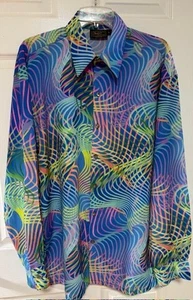 Vintage Monzini Collection Shirt Mens Large Blue Psychedelic Abstract 70s USA - Picture 1 of 7