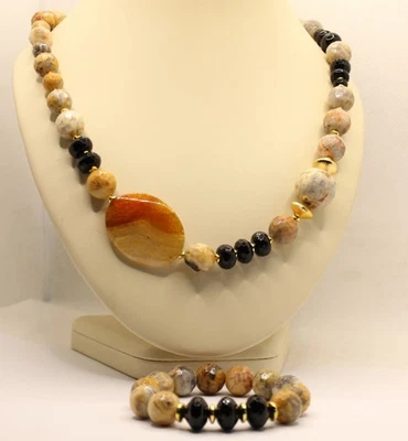 COLLANA e BRACCIALE DIASPRO CORNIOLA  ONICE NERA CM 75 CM 19 NATURALE EXPLOIT - Immagine 1 di 4