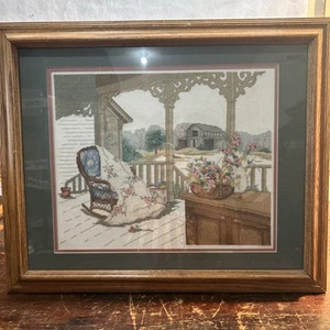 Framed Cross Stitch Niddlepoint Front Porch & Barn Scene 23x19 Matted Completed - Picture 1 of 6