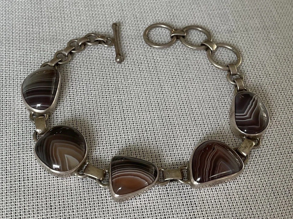 Brazalete de plata esterlina 925 con barra de palanca de piedras preciosas de ágata joyería patrimonial DE COLECCIÓN Foto 1 de 4