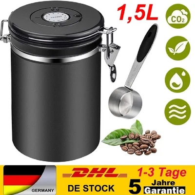 1,5L Kaffeedose 304 Edelstahl Behälter für 1kg Kaffeebohnen inkl. Messlöffel DE - Bild 1 von 4