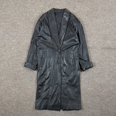 Gabardina larga de cuero genuino negra Jaqueline Ferrar de colección años 80 para mujer 4P Foto 1 de 4