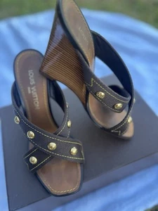 LOUIS VUITTON High Heel Wedge Sandal Brown Canvas Gold Studs Size 38.5 / 7.5 - Picture 1 of 9