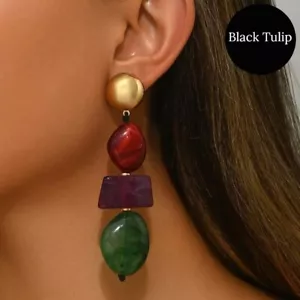Earrings Gold Dangle Chunky Statement Acrylic Bead Stone Amethyst Aventurine - Picture 1 of 4