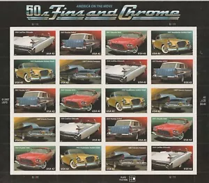 USA Stamp Sheet _ 50'S FINS & CHROME _ 20 Pcs 42 Cent Stamps - MNH - Picture 1 of 2