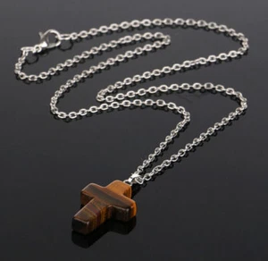 Collana unisex croce occhio di tigre naturale con GARANZIA argento 925 NUOVA - Foto 1 di 3