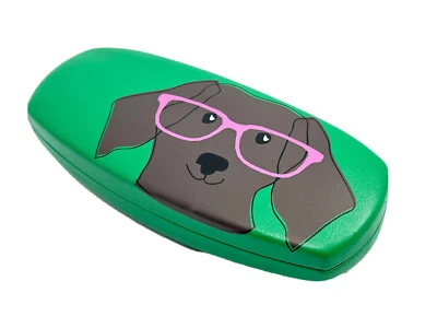 NEW Puppy Dog Wearing Pink Glasses Hard Metal Clamshell Eyeglasses Case - Image 1 of 4