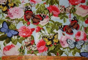 butterfly rose floral cotton quilt fabric flowers garden pink blue 38 inches - Picture 1 of 3