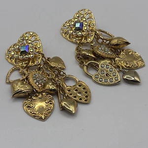 Kirks Folly Heart Dangle Charm Earrings Gold Tone AB Rhinestones Crystals - Picture 1 of 18