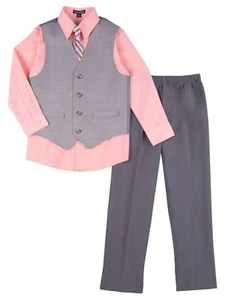 Infant & Toddler Boys Suit Peach & Gray Dress Up Outfit Shirt Vest Tie & Pants - Picture 1 of 1