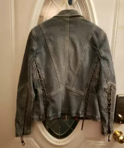 EUC Elie Tahari SZ L Petite Fitted Denim Jacket Blazer with Lacing *See Desc* - Picture 1 of 11