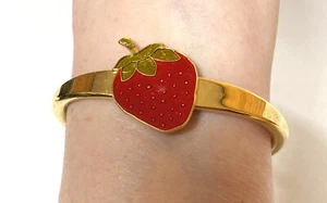 GOLD PLATE CUFF BRACELET WITH ENAMEL STRAWBERRY FRUIT DESIGN - Picture 1 of 5