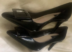 JONES OF NEW YORK SIZE 6.5M BLACK PATENT LEATHER SILVER/BLACK BUCKLE SIGNATURE - Picture 1 of 10