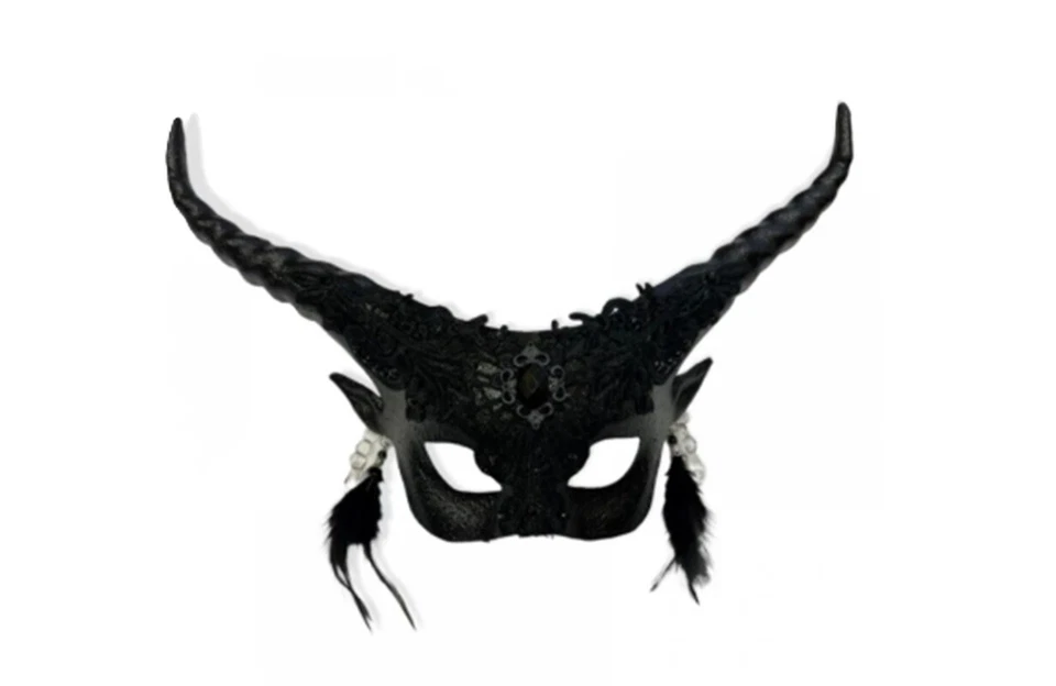 Krampus Devil Mask - Black Lace - Feather Earrings - Costume Accessory - Image 1 of 1