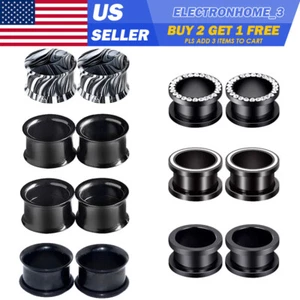 Pair Black Stainless Steel Ear Flesh Tunnel Plugs Hollow Ear Expander Gauges - Picture 1 of 18