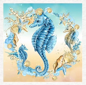 Nautical-Sea Horse Seaside Shells C-Fabric Craft Panels 100% Cotton or Polyester - Picture 1 of 1