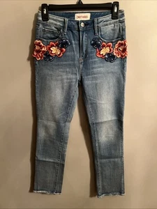 Driftwood Jeans Women 24 Blue Denim Floral Embroidered Raw Hem High Rise Colette - Picture 1 of 9