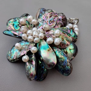 Multi Color Abalone Shell Flower Real White Pearl Bracelet Earrings Set Handmade - Picture 1 of 8