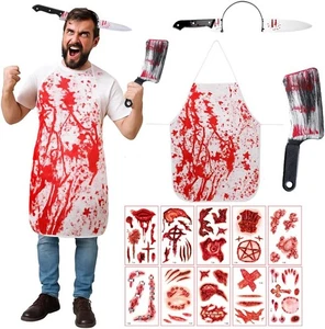 ZELAITE Halloween Schlachter Kostüm Set – Blutige Schürze + Tattoos - Bild 1 von 7