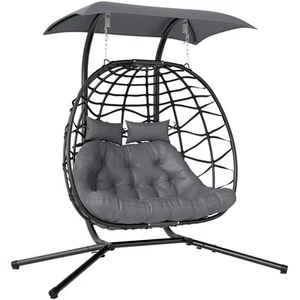PE Rattan Doppel Hängesessel Ei mit Baldachin Faltbar Korb Schaukel Hängematte Pod - Bild 1 von 12