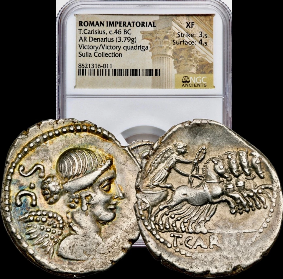 46 aC Tito Carisio con cuadriga Rev. Antiguo Denario Romano de Plata Roma NGC XF Foto 1 de 4