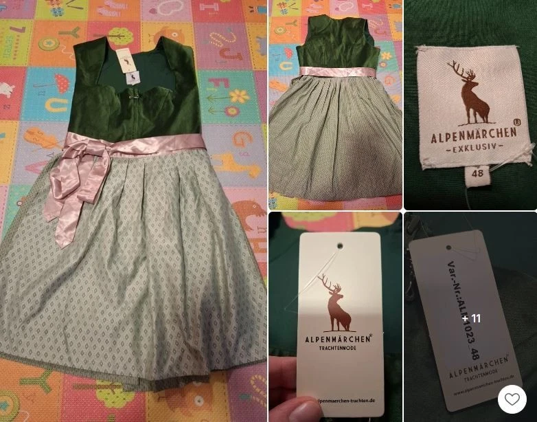 C/ Gr. 48  schönes LUXUS Alpenmärchen SAMT   Dirndl Kleid GRÜN  rosa NEU - Bild 1 von 1