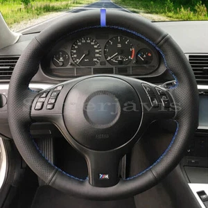 Black Perforated Leather Hand Sew Wrap Steering Wheel Cover for BMW E46 330i E39 - Picture 1 of 10