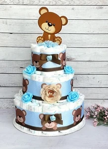 3 Tier Teddy Bear Diaper Cake Baby Shower Boy - Picture 1 of 4