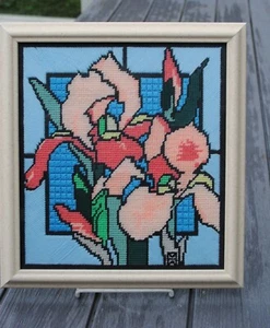 Finished Needlepoint Stained Tiffany Glass Iris Flower Framed - Picture 1 of 4