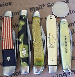 5 old POCKET KNIVES CATTARAUGUS, BOKER, SHAPLEIGH HDW., L.F.&C Knife for PARTS