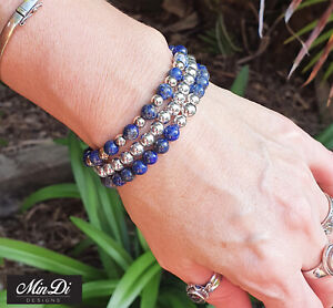 Handmade Stretch Bracelets With Sterling Silver & Lapis Lazuli - 6mm Beads
