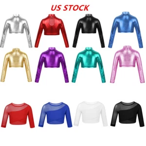 US Kids Girls Sparkly Metallic Crop Tops Dance Athletic Gym Sports Shirts Workou - Picture 1 of 100
