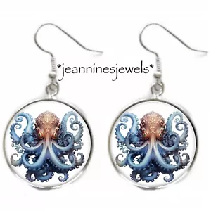 Octopus EARRINGS Silver Charm Drop Dangle Watercolor Kraken Art Print Earrings - Picture 1 of 12