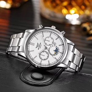 Reloj de negocios de lujo blanco plateado para hombre con calendario, correa de acero, regalo para él - Imagen 1 de 13