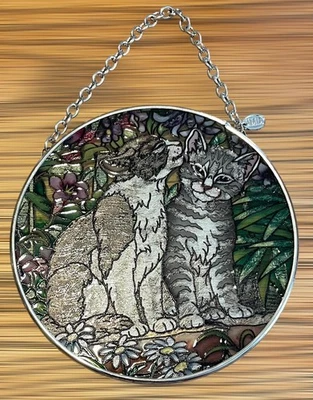 AMIA Stain Glass Suncatcher Two Cats Gray Tabby & Brown and White HAND PAINTED - Image 1 of 4