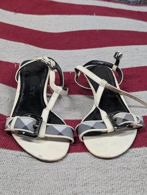 SANDALIA BURBERRY NOVA A CUADROS MARFIL CHAROL CORREA AL TOBILLO TACÓN MUJER TALLA 38/8 Foto 1 de 4