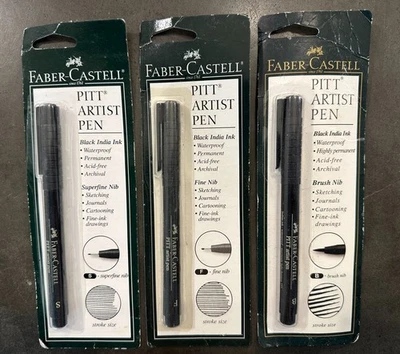 Faber-Castell Pitt Artist Pen Black India Ink Set of 3 FINE-SUPERFINE-BRUSH NIB - Image 1 of 4