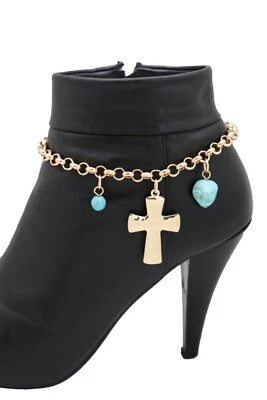 Women Gold Metal Chain Boot Bracelet Anklet Shoe Cross Charm Turquoise Christmas - Image 1 of 4