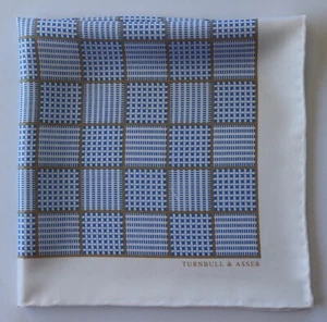 Turnbull & Asser Silk pocket square 45cm. White, blue & tan brown. Hand rolled. - Picture 1 of 3