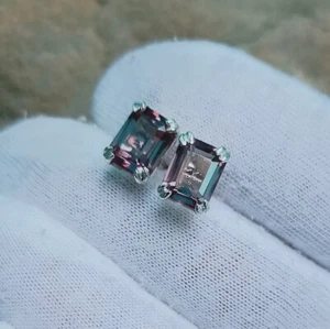 Alexandrite stud earrings, lab created alexandrite stud earrings, 925 Silver - Picture 1 of 9