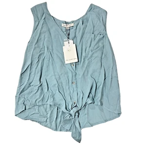 The Good Jane Front Tie Hem Sleeveless Top Blue Tank Blouse Button Down Sz Large - Picture 1 of 8