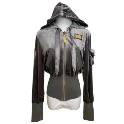 CHAQUETA CON CAPUCHA PHILIPPE PLEIN EDICIÓN LIMITADA GRIS PLATA TERCIOPELO CON CUENTAS CREMALLERA Foto 1 de 4