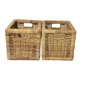 Lot of 2 Vintage Wicker Bamboo Rattan Square Brown Storage Woven Basket  - Picture 1 of 8