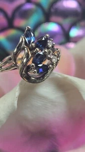 Solid 10K Gold Vintage Retro Cocktail Ring Cobalt Blue Sapphire & Diamond Sz 5.5 - Picture 1 of 9