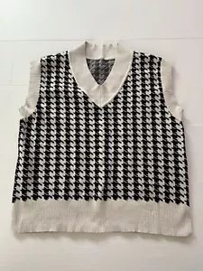 Women Houndstooth Plaid Knitted Vest Sleeveless V-Neck Loose Sweater Top Size L - Picture 1 of 9