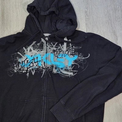 Y2k Oakley Graffiti Spell Out Hoodie Men Medium Black Zip Up Streetwear Fleece - Image 1 of 4