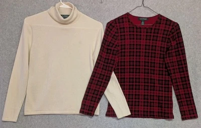 Top Lauren Ralph Lauren Petites para mujer a cuadros manga larga y cuello alto crema S/M  Foto 1 de 4
