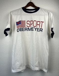 Camiseta deportiva Obermeyer Ringer vintage años 90 para hombre talla L blanca roja y azul SNS - Imagen 1 de 4