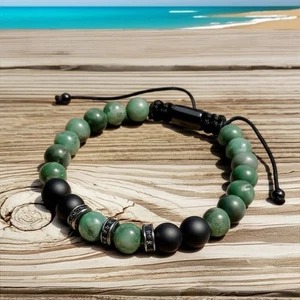 Pulsera de hombre de protección curativa con cuentas de ónix negro natural y jade verde de 8 mm - Imagen 1 de 2