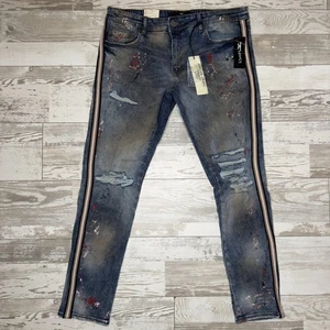 Pantalones de mezclilla Jordan Craig para hombre 36x32 azul SEAN rayas laterales pintura salpicaduras desgastados - Imagen 1 de 13
